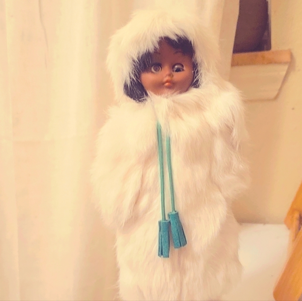 2/15 Canadian Made_Tribal White Fur Doll with Teal Accents.